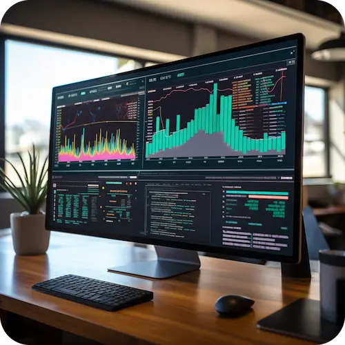 Computermonitor auf einem Schreibtisch mit Performance-Dashboards, die verschiedene Diagramme und Code-Statistiken in einer Büroumgebung anzeigen.